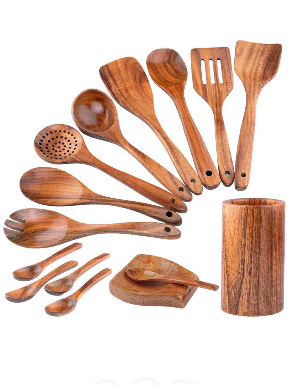 Natural Brown Wooden Cooking Utensil Set with Holder - 15 Pieces